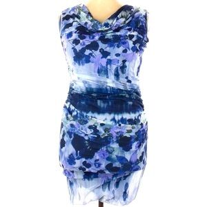FUZZI Rouched mesh cowl neck watercolor blue fitted mesh mini dress xl women’s